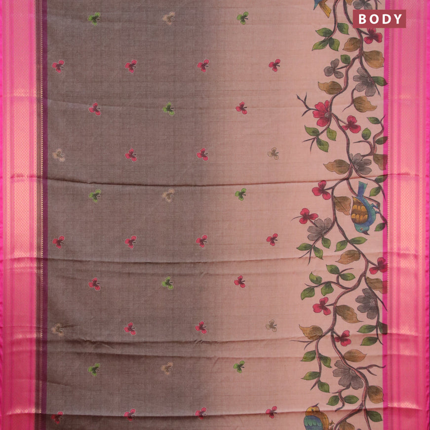 Semi kanjivaram silk saree grey shade and pink with digital prints and zari woven border