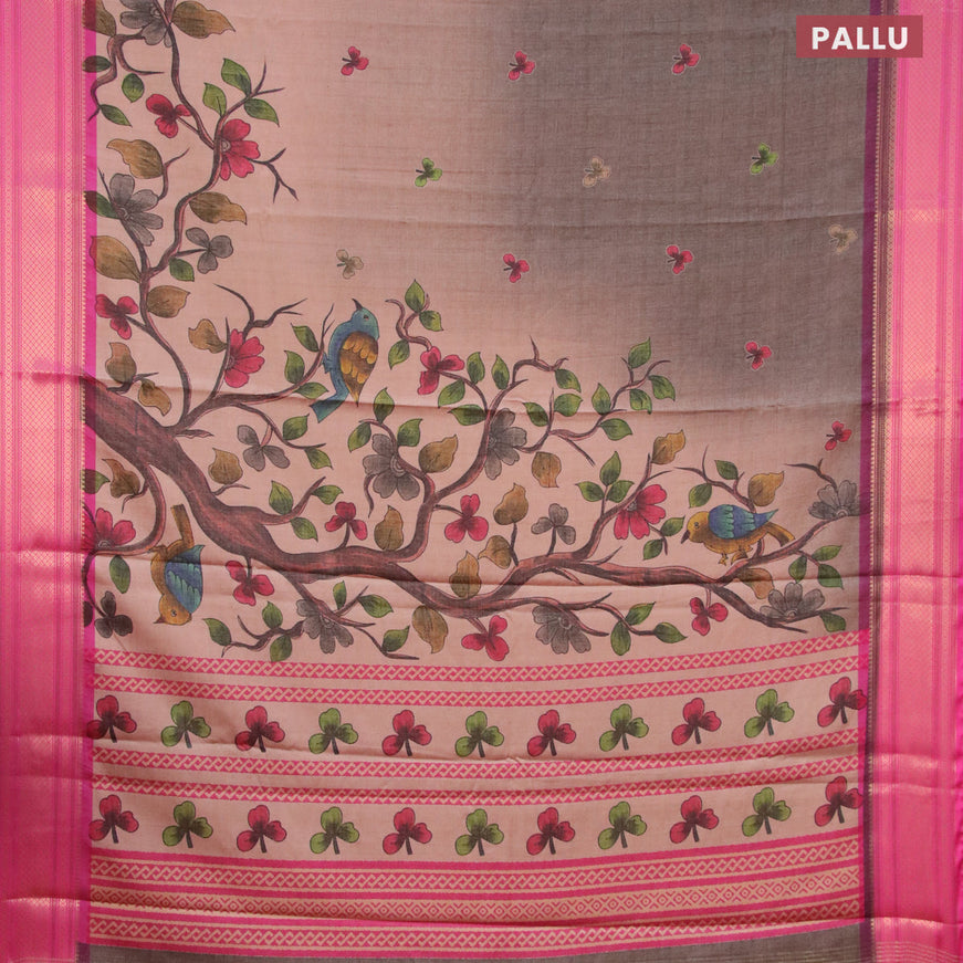 Semi kanjivaram silk saree grey shade and pink with digital prints and zari woven border
