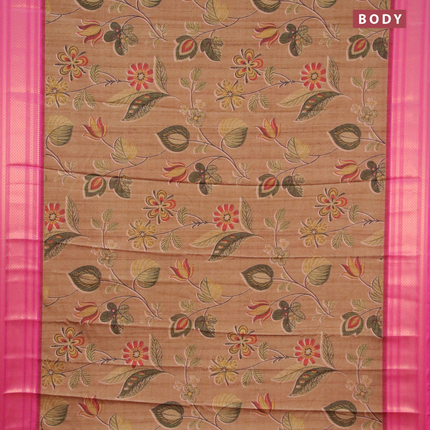 Semi kanjivaram silk saree dark sandal and pink with allover floral digital prints and zari woven border