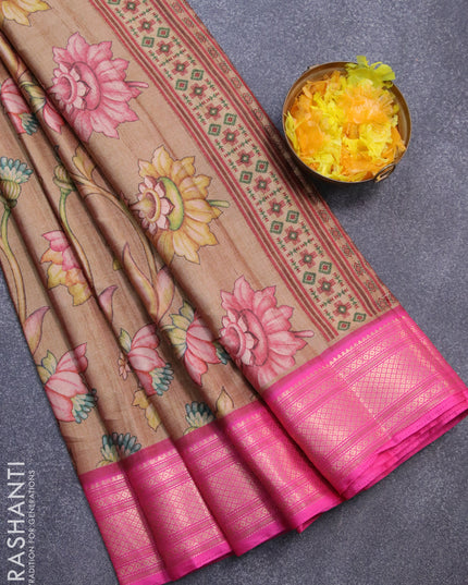 Semi kanjivaram silk saree dark sandal and pink with allover floral digital prints and zari woven border