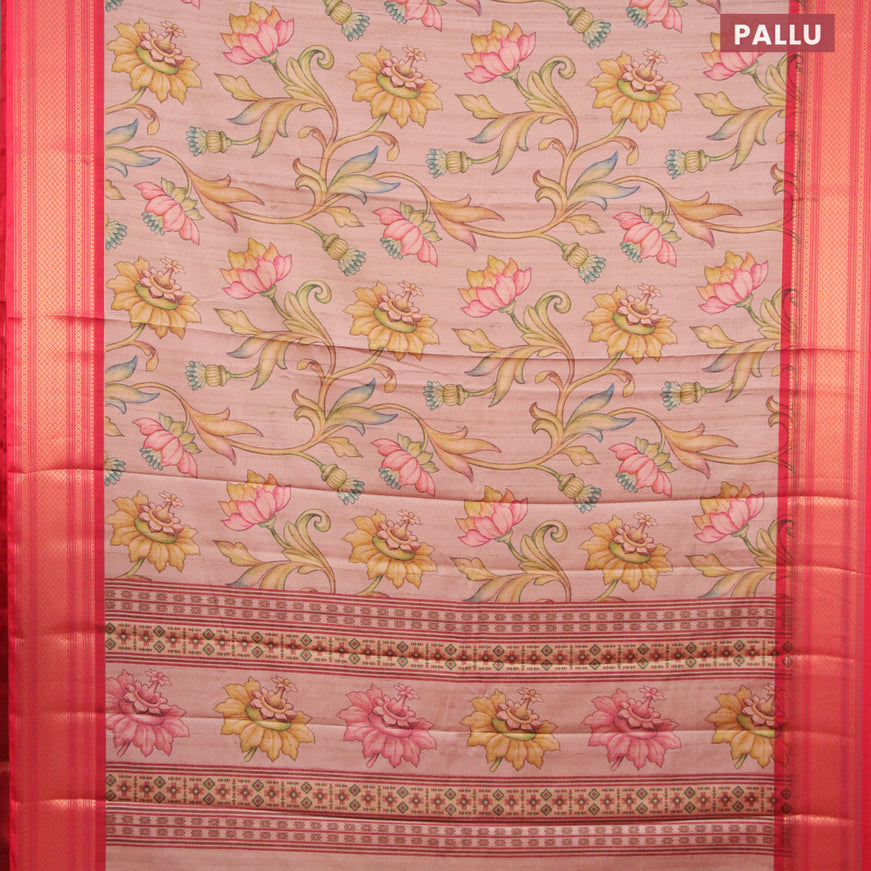 Semi kanjivaram silk saree beige and red with allover floral digital prints and zari woven border