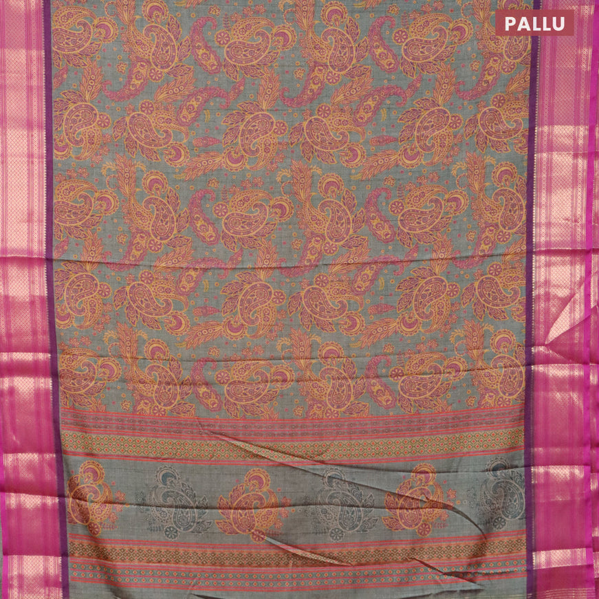 Semi kanjivaram silk saree grey shade and purple with allover paisley digital prints and zari woven border