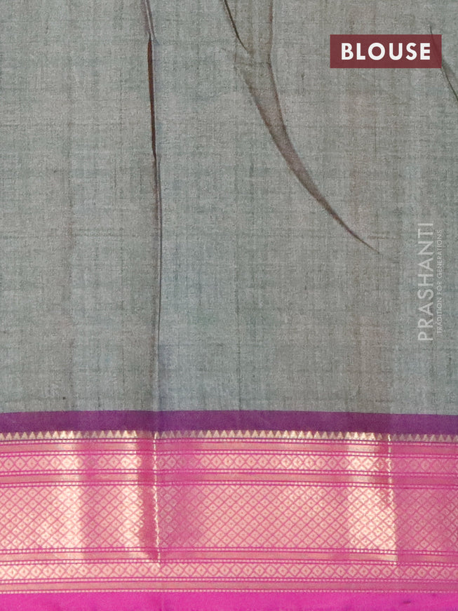 Semi kanjivaram silk saree grey shade and purple with allover paisley digital prints and zari woven border