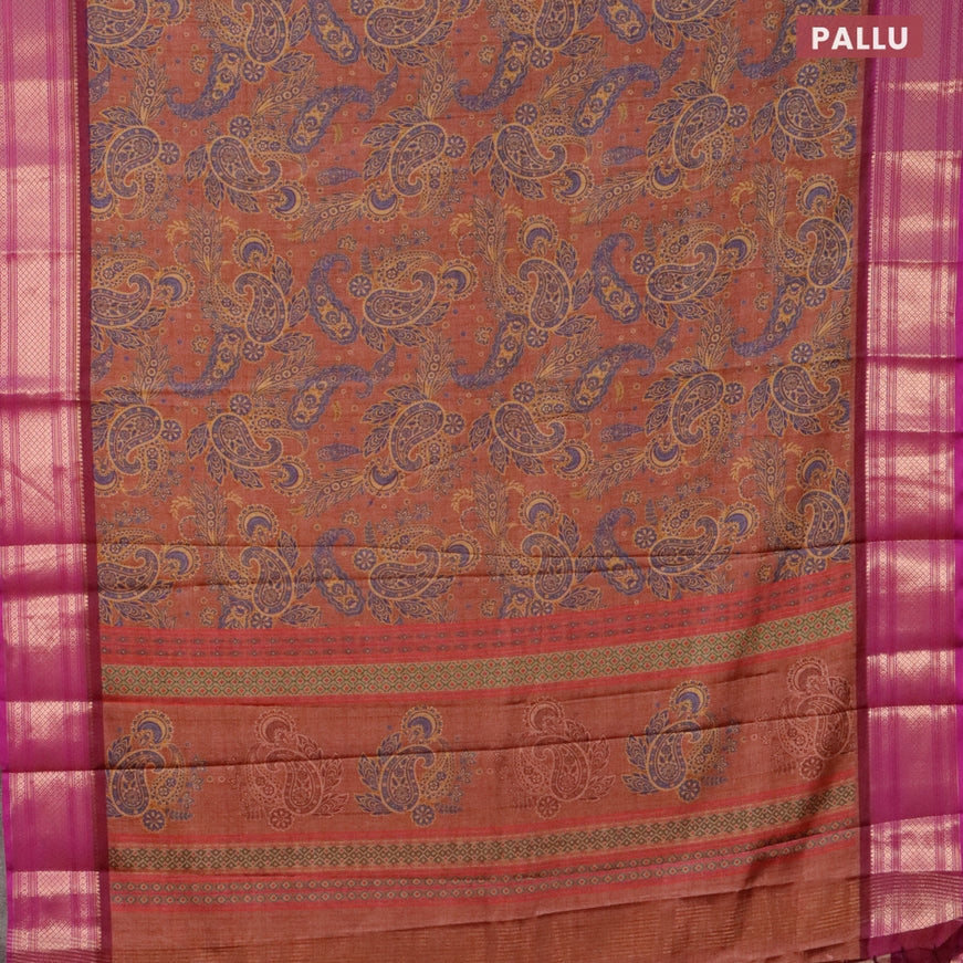 Semi kanjivaram silk saree rustic brown and purple with allover paisley digital prints and zari woven border