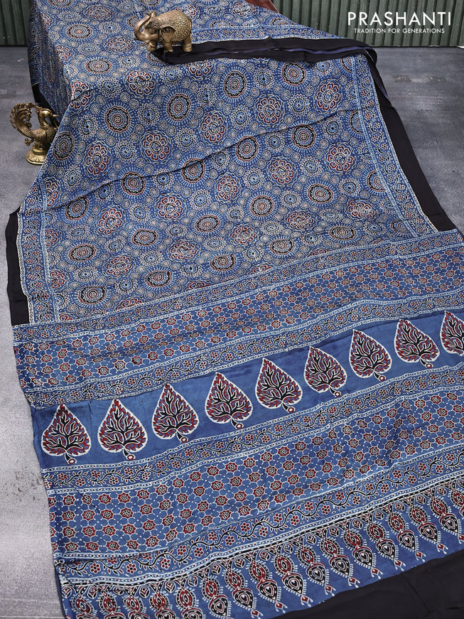 Modal silk saree blue and black with allover ajrakh prints in borderless style