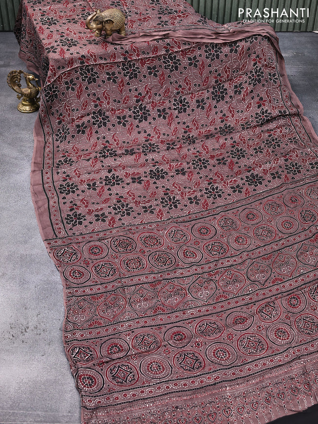 Modal silk saree brown with allover ajrakh prints in borderless style