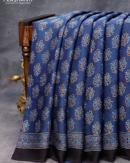 Modal silk saree blue with floral prints and ajrakh printed pallu