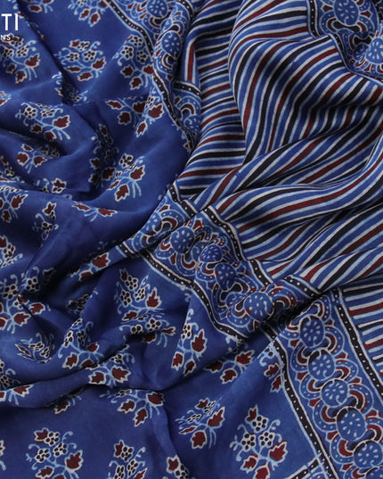 Modal silk saree blue with floral prints and ajrakh printed pallu