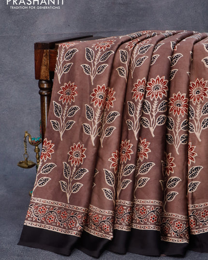 Modal silk saree brown and black with floral prints and ajrakh printed pallu