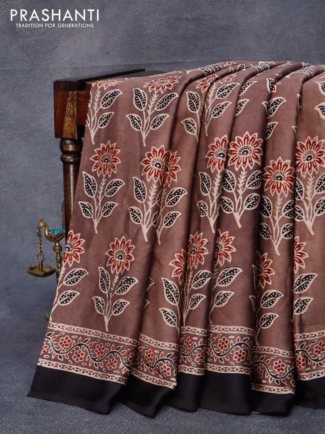 Modal silk saree brown and black with floral prints and ajrakh printed pallu