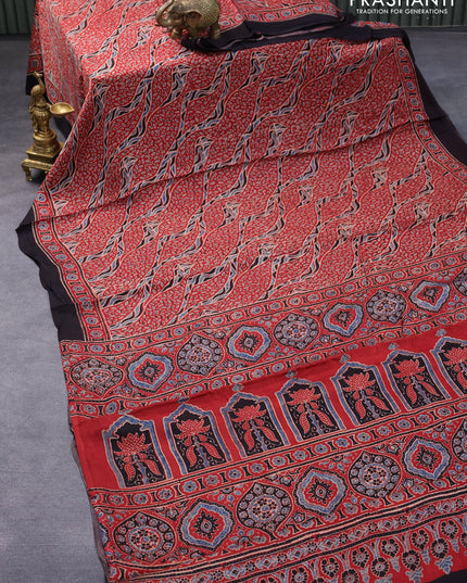 Modal silk saree red and black with floral prints and ajrakh printed pallu