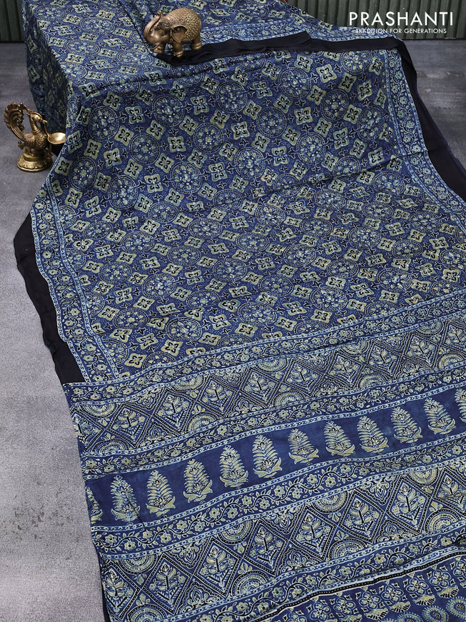 Modal silk saree blue and black with allover ajrakh prints and printed border