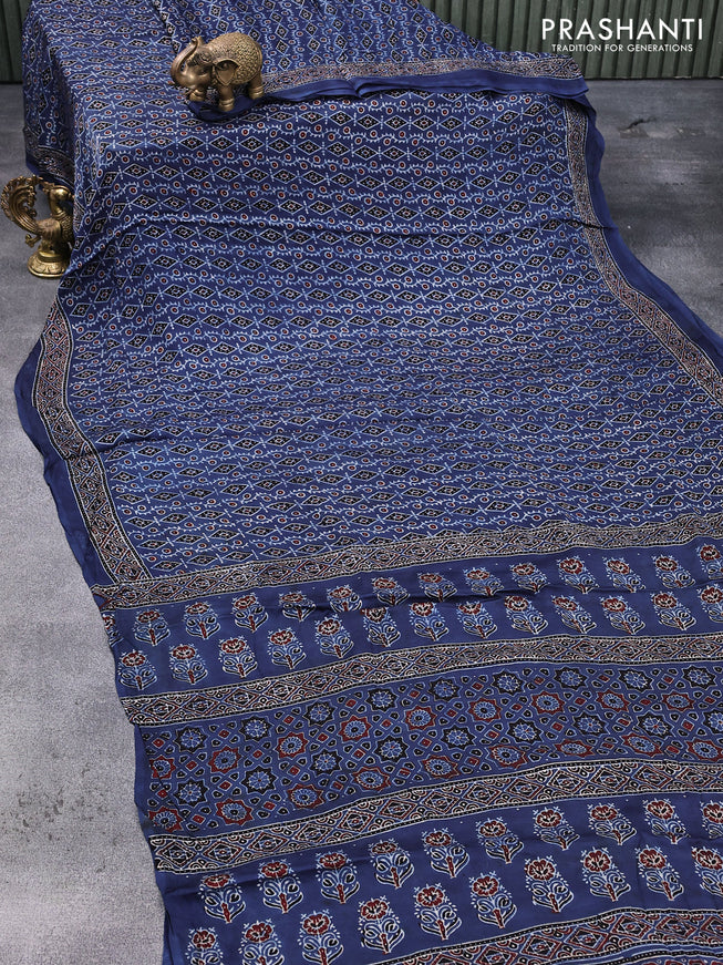 Modal silk saree blue with allover ajrakh prints in borderless style