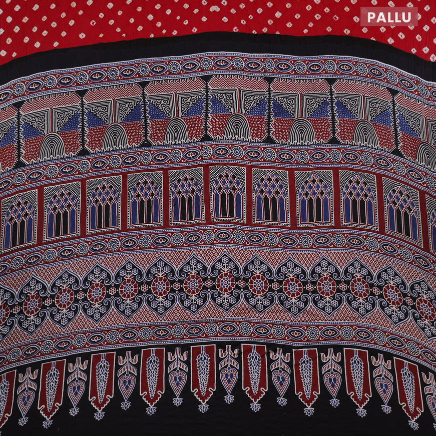Modal silk saree red and black with allover bandhani prints and ajrakh printed pallu