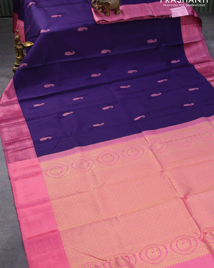 Pure kanjivaram silk saree dark blue and peach pink with thread woven buttas and thread woven border