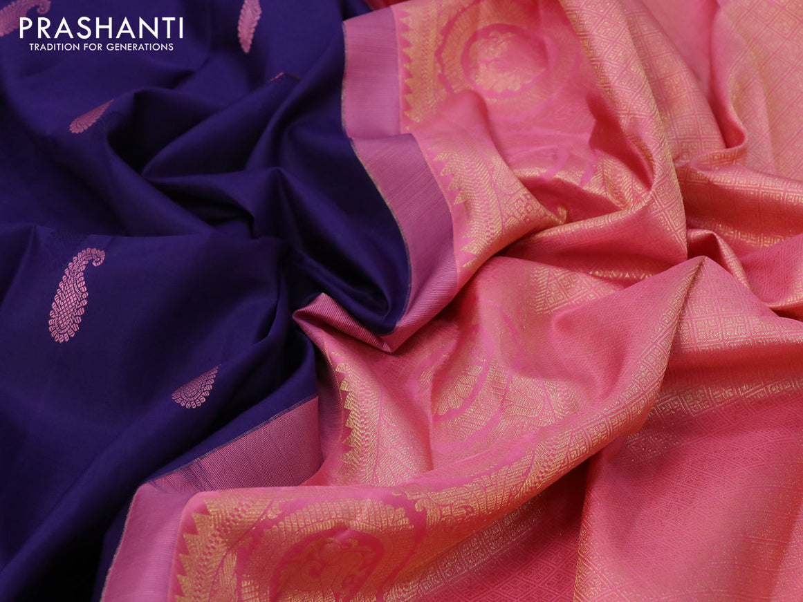Pure kanjivaram silk saree dark blue and peach pink with thread woven buttas and thread woven border