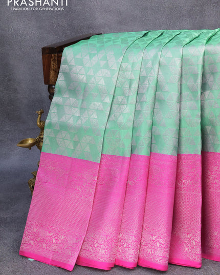 Pure kanjivaram silk saree pastel green and pink with allover zari woven brocade weaves and long silver zari woven border