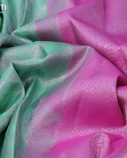 Pure kanjivaram silk saree pastel green and pink with allover zari woven brocade weaves and long silver zari woven border