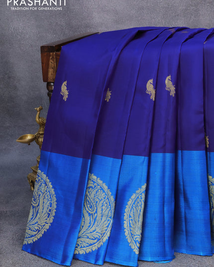 Pure kanjivaram silk saree blue and cs blue with peacock zari woven buttas and zari woven butta border