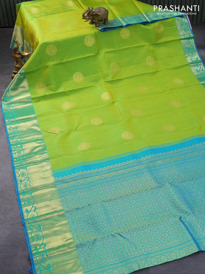 Pure kanjivaram silk saree lime green and cs blue with zari woven buttas and rich zari woven border