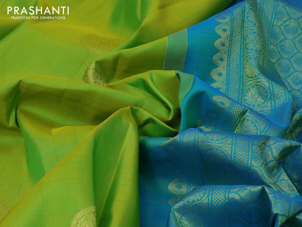 Pure kanjivaram silk saree lime green and cs blue with zari woven buttas and rich zari woven border