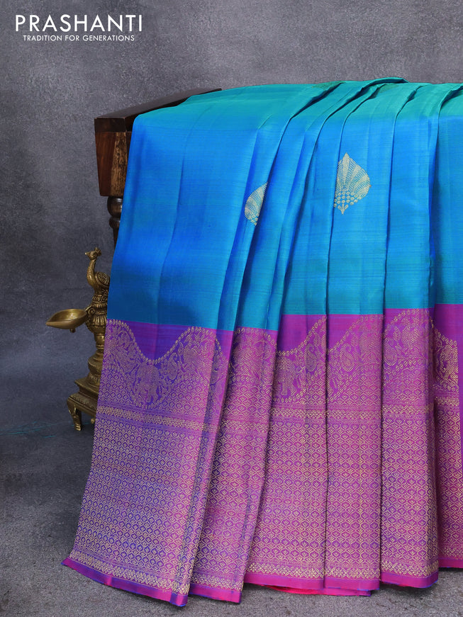 Pure kanjivaram silk saree light blue and purple with zari woven buttas and rich zari woven border