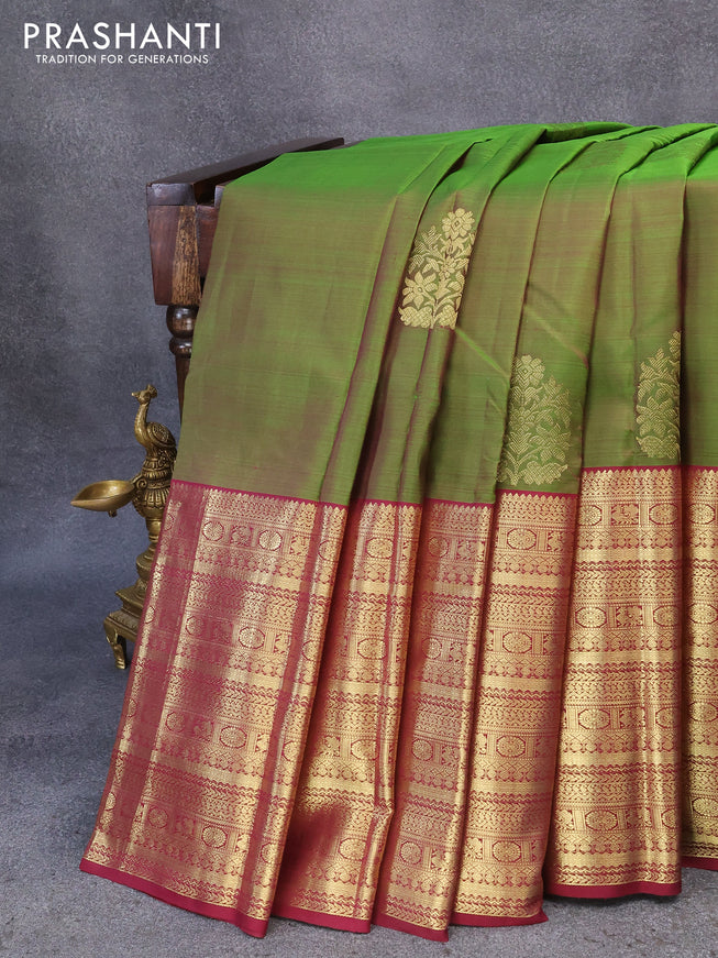 Pure kanjivaram silk saree dual shade of green and maroon with zari woven buttas and long zari woven border