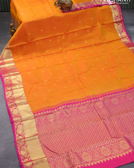 Pure kanjivaram silk saree dual shade of mango yellow and pink with zari woven buttas and zari woven border
