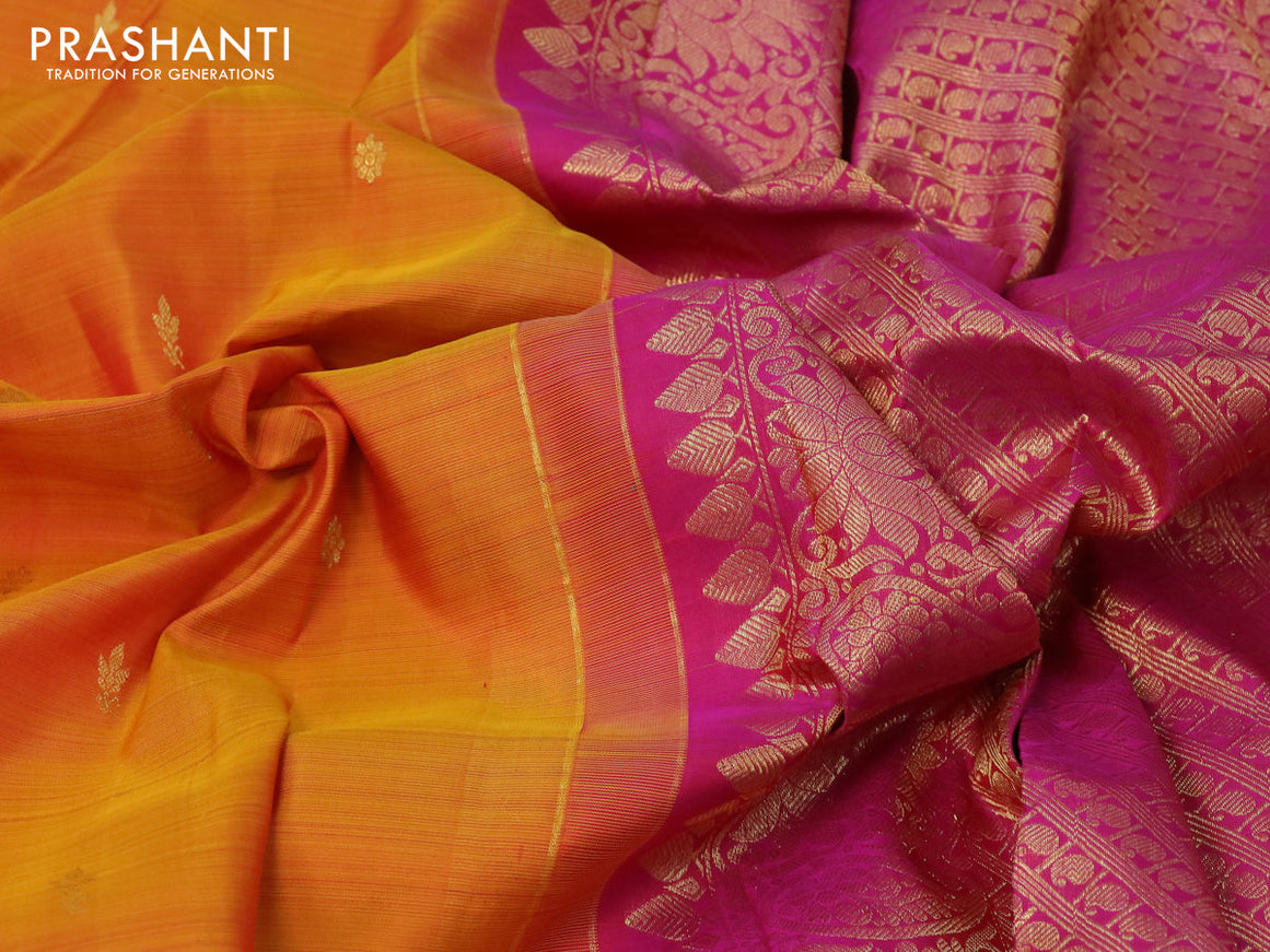 Pure kanjivaram silk saree dual shade of mango yellow and pink with zari woven buttas and zari woven border