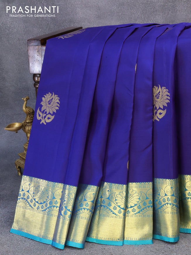 Pure kanjivaram silk saree blue and peacock green with zari woven buttas and zari woven border