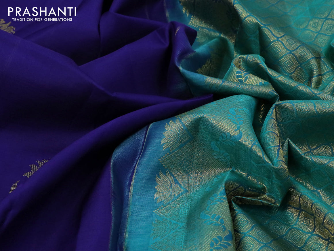 Pure kanjivaram silk saree blue and peacock green with zari woven buttas and zari woven border