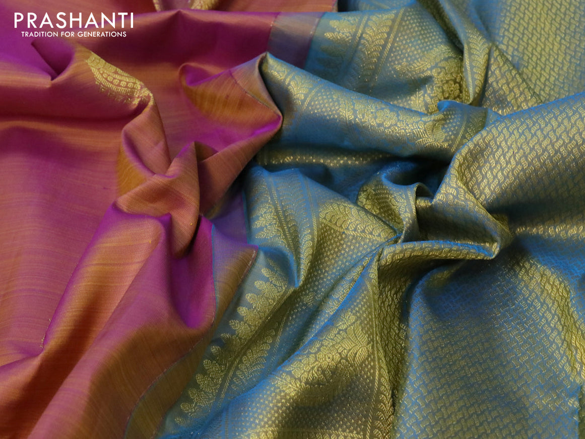 Pure kanjivaram silk saree dual shade of yellowish purple and cs blue with zari woven buttas and zari woven border