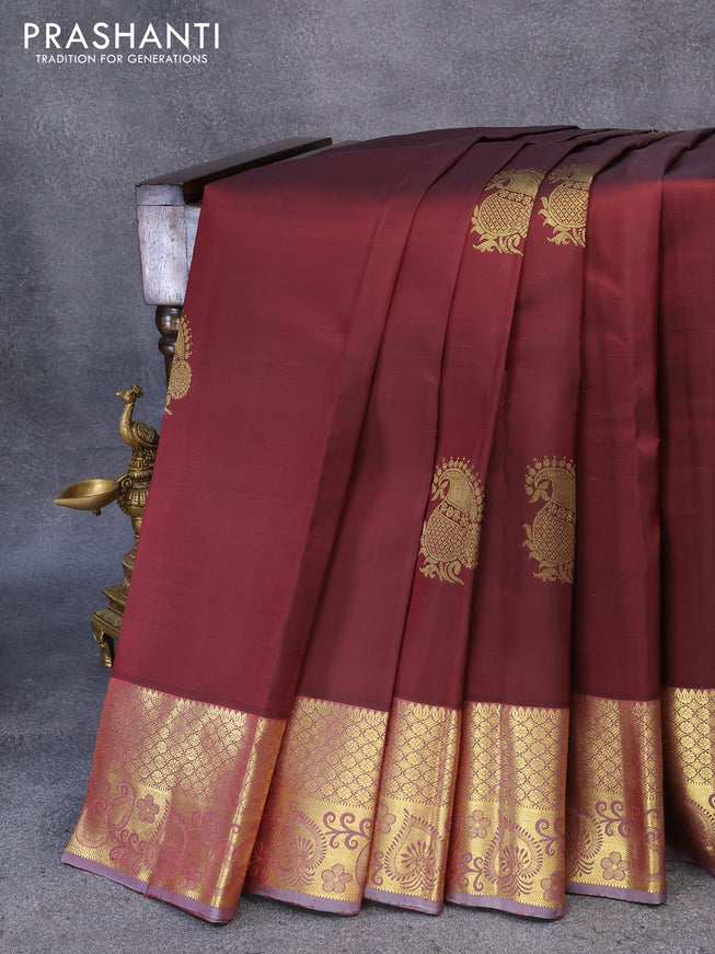 Pure kanjivaram silk saree deep maroon and grey shade with paisley zari woven buttas and zari woven border
