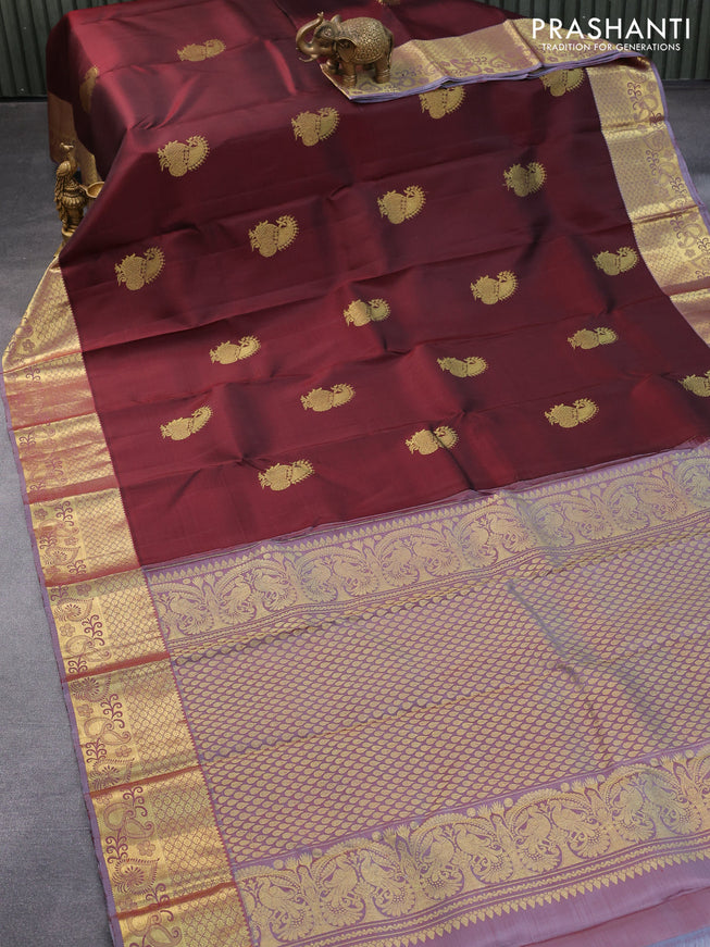 Pure kanjivaram silk saree deep maroon and grey shade with paisley zari woven buttas and zari woven border