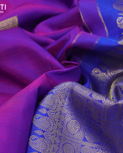Pure kanjivaram silk saree dual shade of purple and blue with peacock zari woven buttas and zari woven border