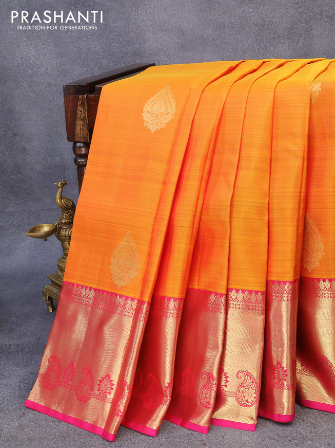 Pure kanjivaram silk saree dual shade of mustard and pink with zari woven buttas and long zari woven border