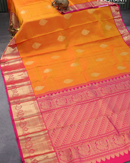 Pure kanjivaram silk saree dual shade of mustard and pink with zari woven buttas and long zari woven border