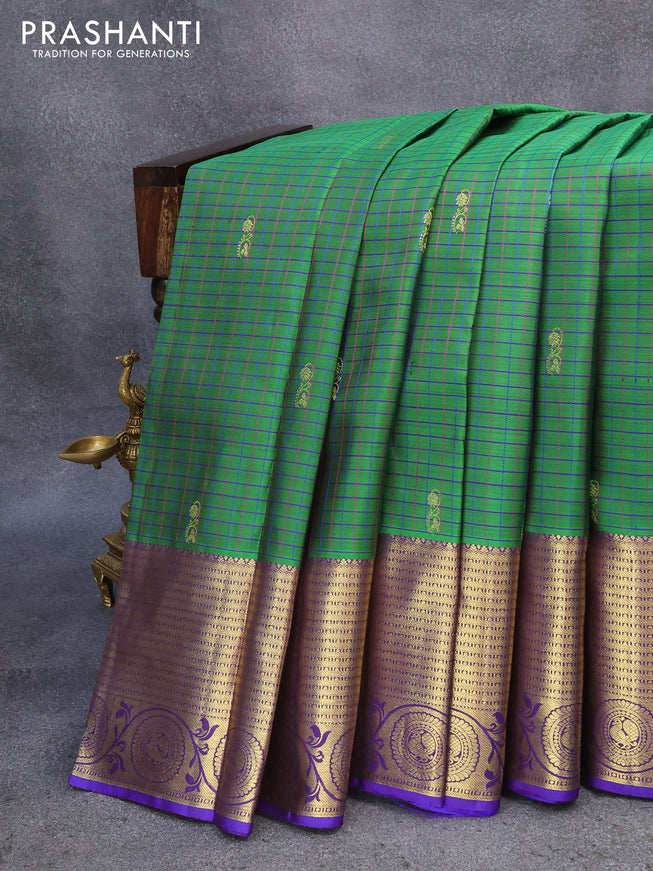 Pure kanjivaram silk saree green and blue with allover checked pattern & zari buttas and zari woven annam border