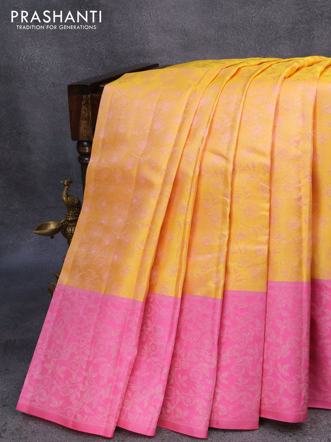 Pure kanjivaram tissue silk saree mango yellow and light pink with allover zari weaves and silver zari woven border