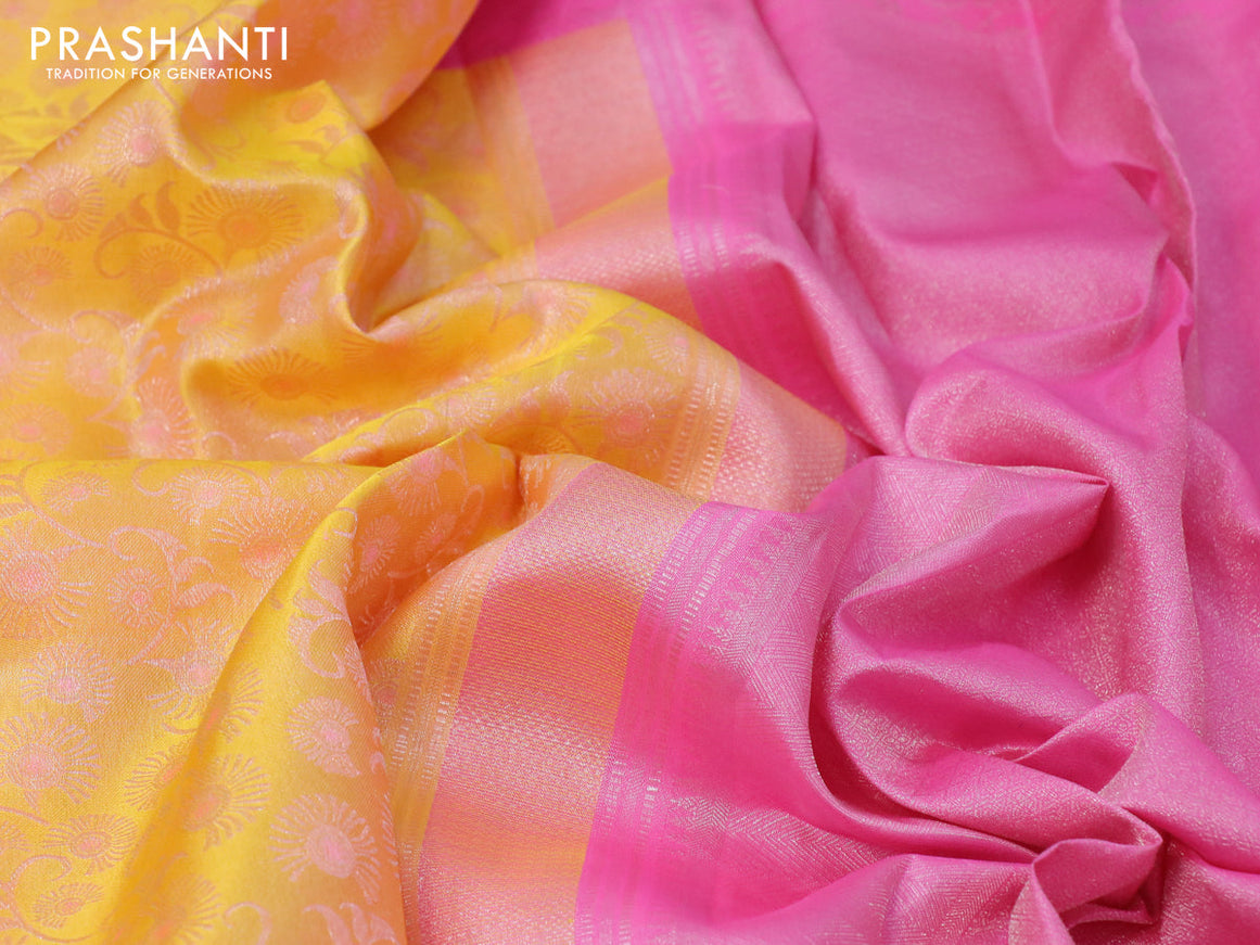 Pure kanjivaram tissue silk saree mango yellow and light pink with allover zari weaves and silver zari woven border