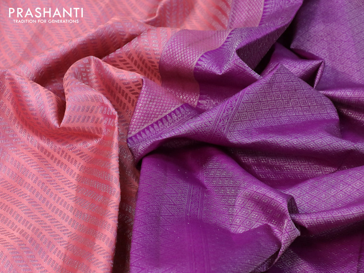 Pure kanjivaram tissue silk saree peach pink and purple with allover silver zari weaves and silver zari woven border