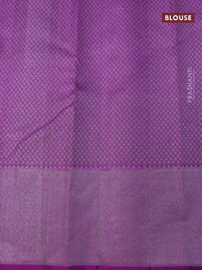 Pure kanjivaram tissue silk saree peach pink and purple with allover silver zari weaves and silver zari woven border