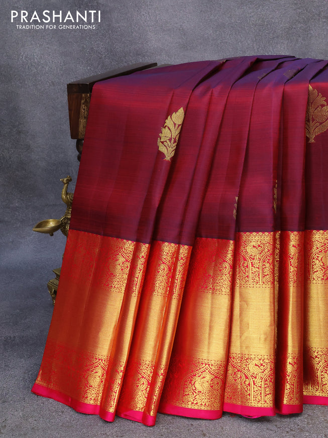 Pure kanjivaram silk saree maroon and pink with zari woven buttas and long rich zari woven border