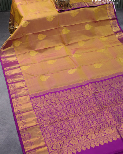Pure kanjivaram silk saree dual shade of mustard and purple with zari woven buttas and zari woven border