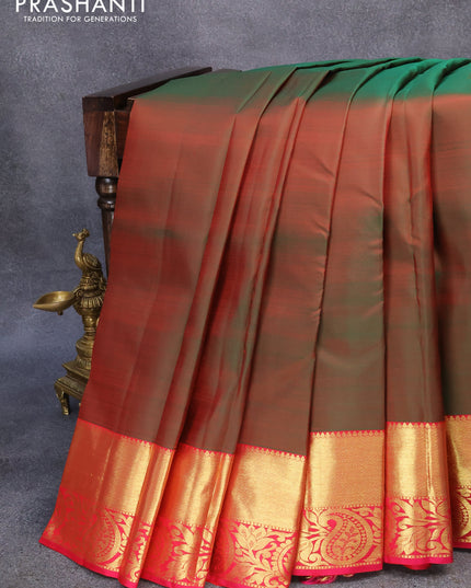 Pure kanjivaram silk saree manthulir green and pink with zari woven buttas and annam zari woven border