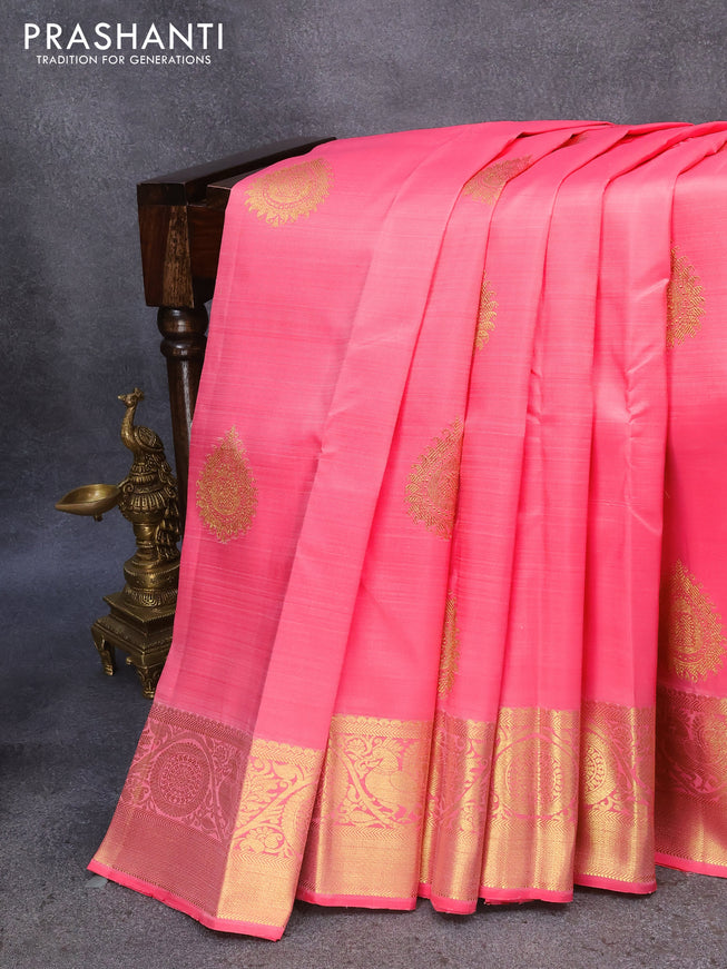 Pure kanjivaram silk saree candy pink with zari woven buttas and annam zari woven border