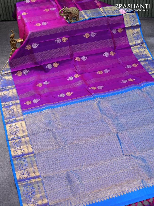 Pure kanjivaram silk saree purple and cs blue with allover silver & gold zari weaves and zari woven border