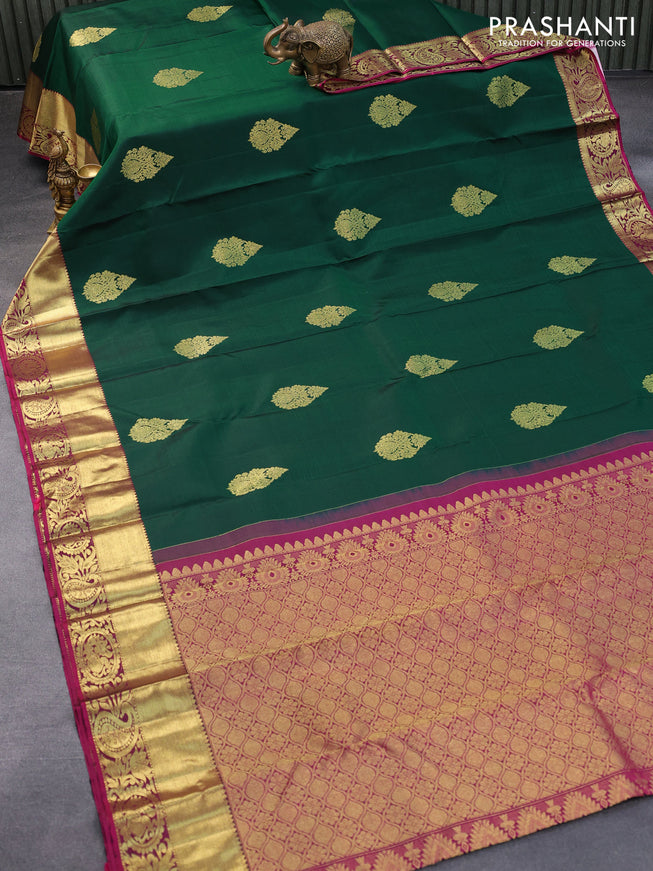 Pure kanjivaram silk saree green and magenta pink with zari woven buttas and zari woven border