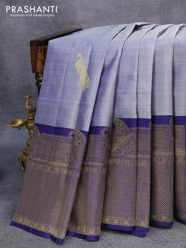 Pure kanjivaram silk saree grey shade and blue with peacock zari woven buttas and long rich zari woven border