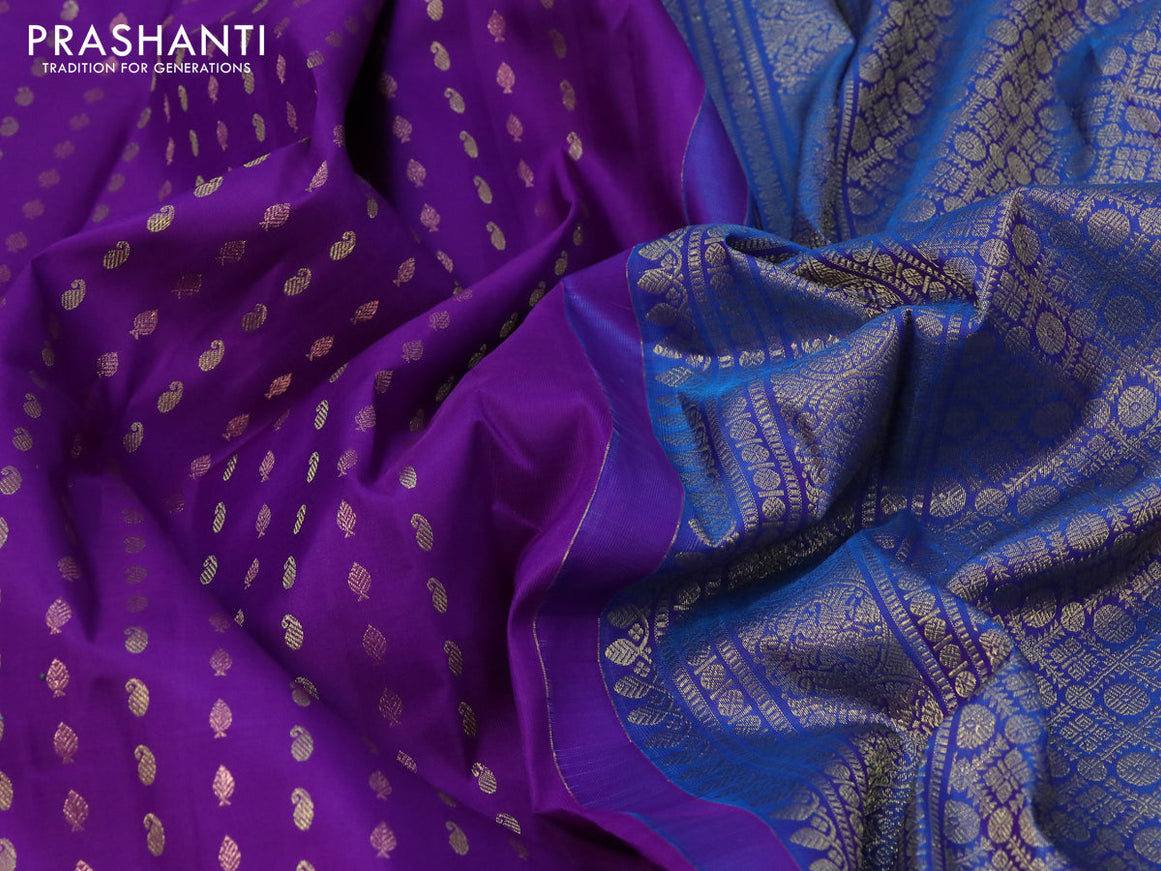 Pure kanjivaram silk saree violet and cs blue with allover zari woven butta weaves and annam zari woven border